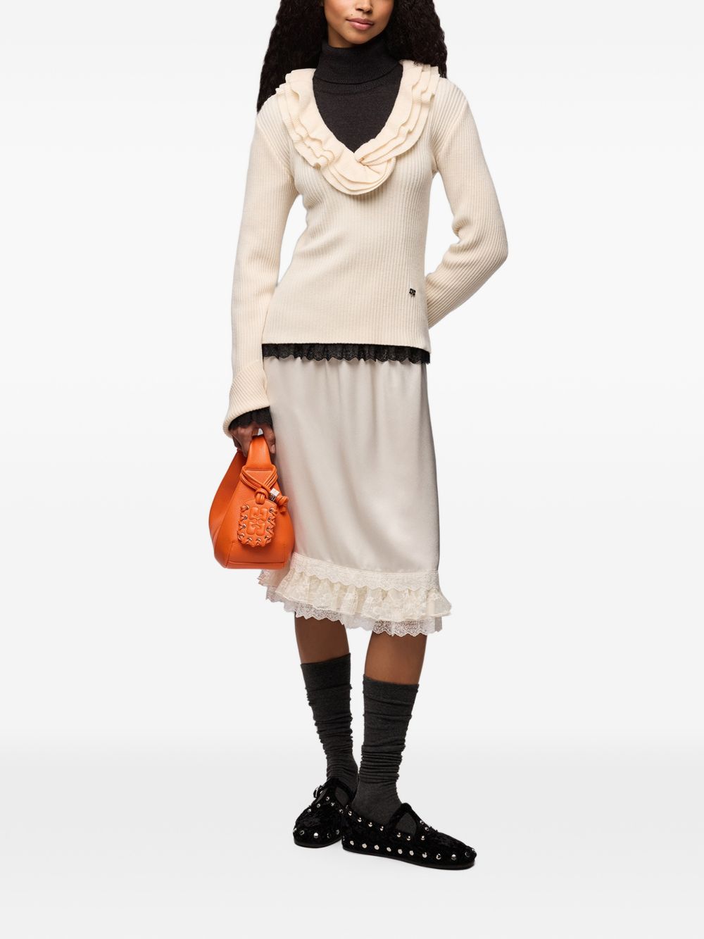 GANNI Maglia a coste con volant beige 