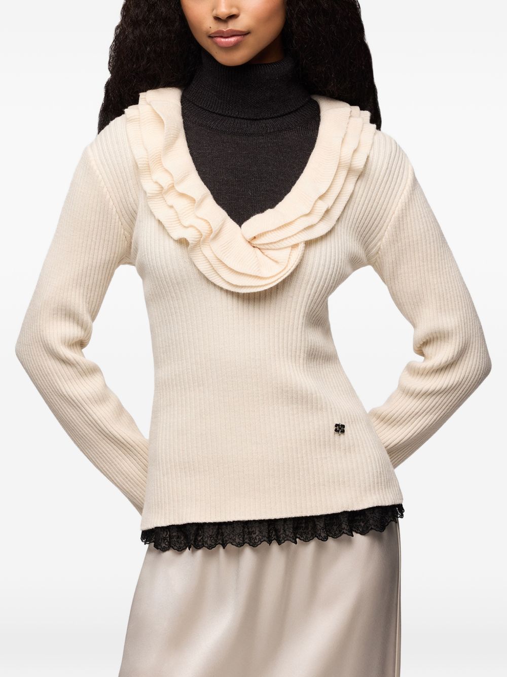 GANNI Maglia a coste con volant beige 