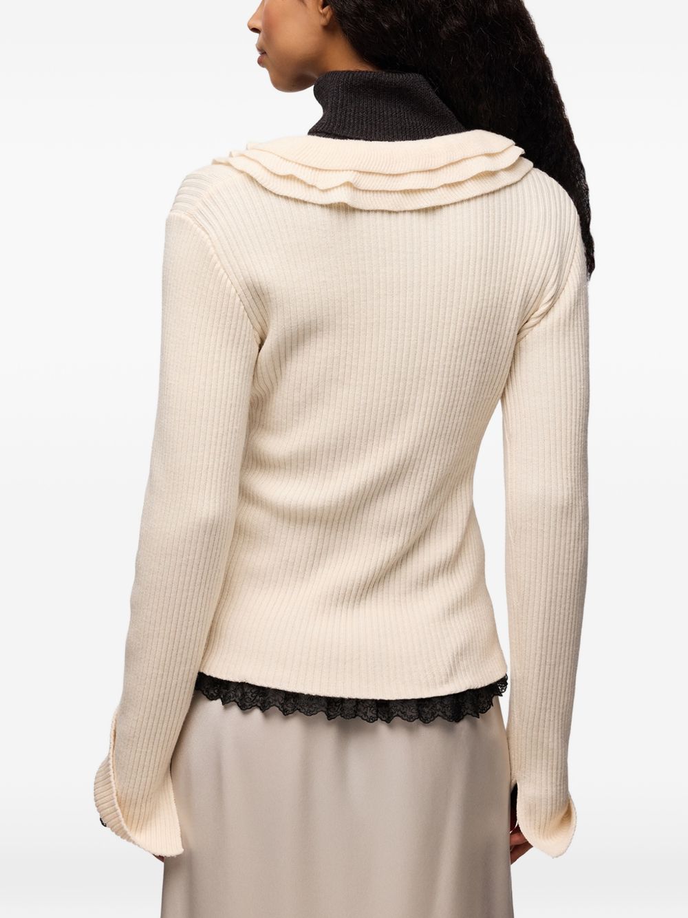 GANNI Maglia a coste con volant beige 
