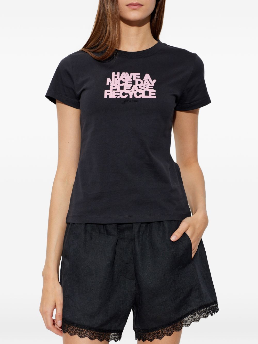 GANNI T-shirt con stampa grafica e slogan riciclato in cotone nero 