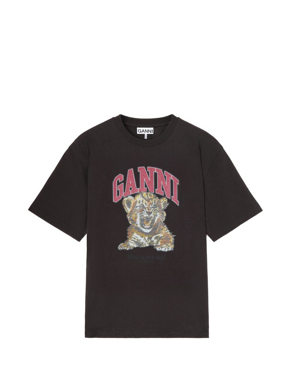 GANNI T-shirt con stampa Tiger e perline in cotone nero 