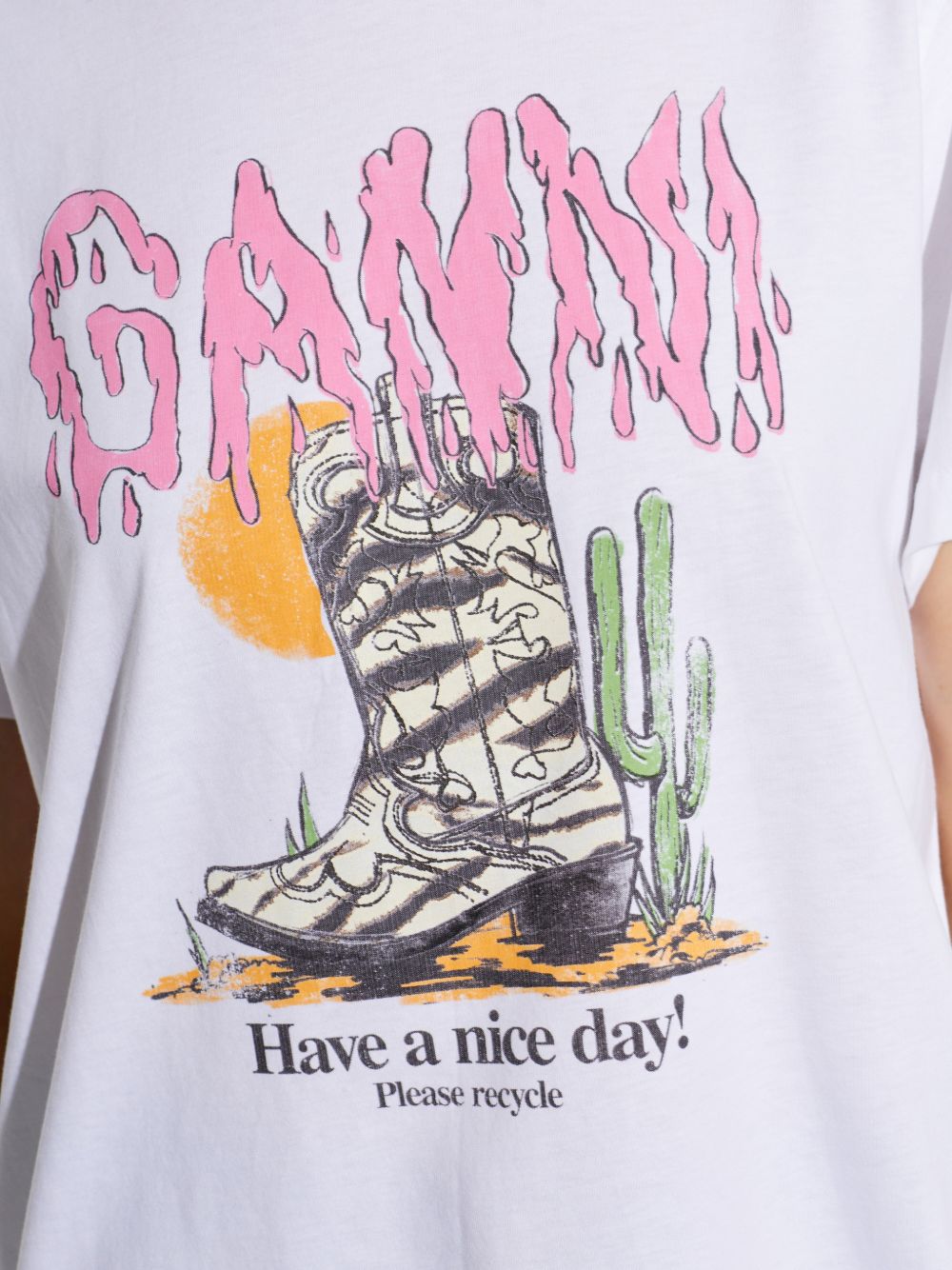 GANNI T-shirt in cotone bianco con stampa grafica 
