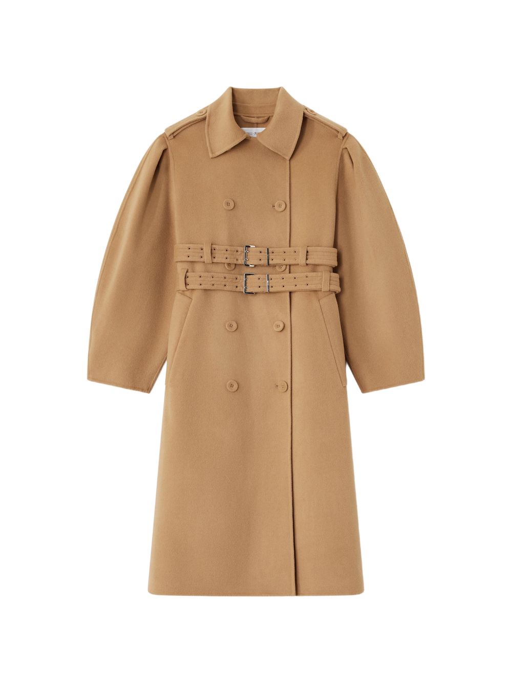 GANNI Cappotto doppiopetto in lana color cammello con maniche a palloncino, spalline e doppia cintura in vita 