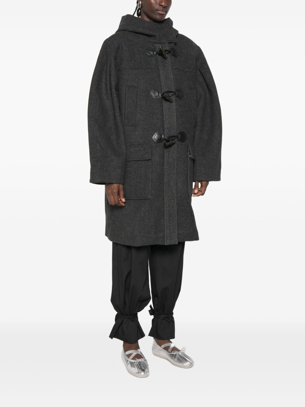 GANNI Cappotto grigio con cappuccio in lana, poliestere e cashmere 