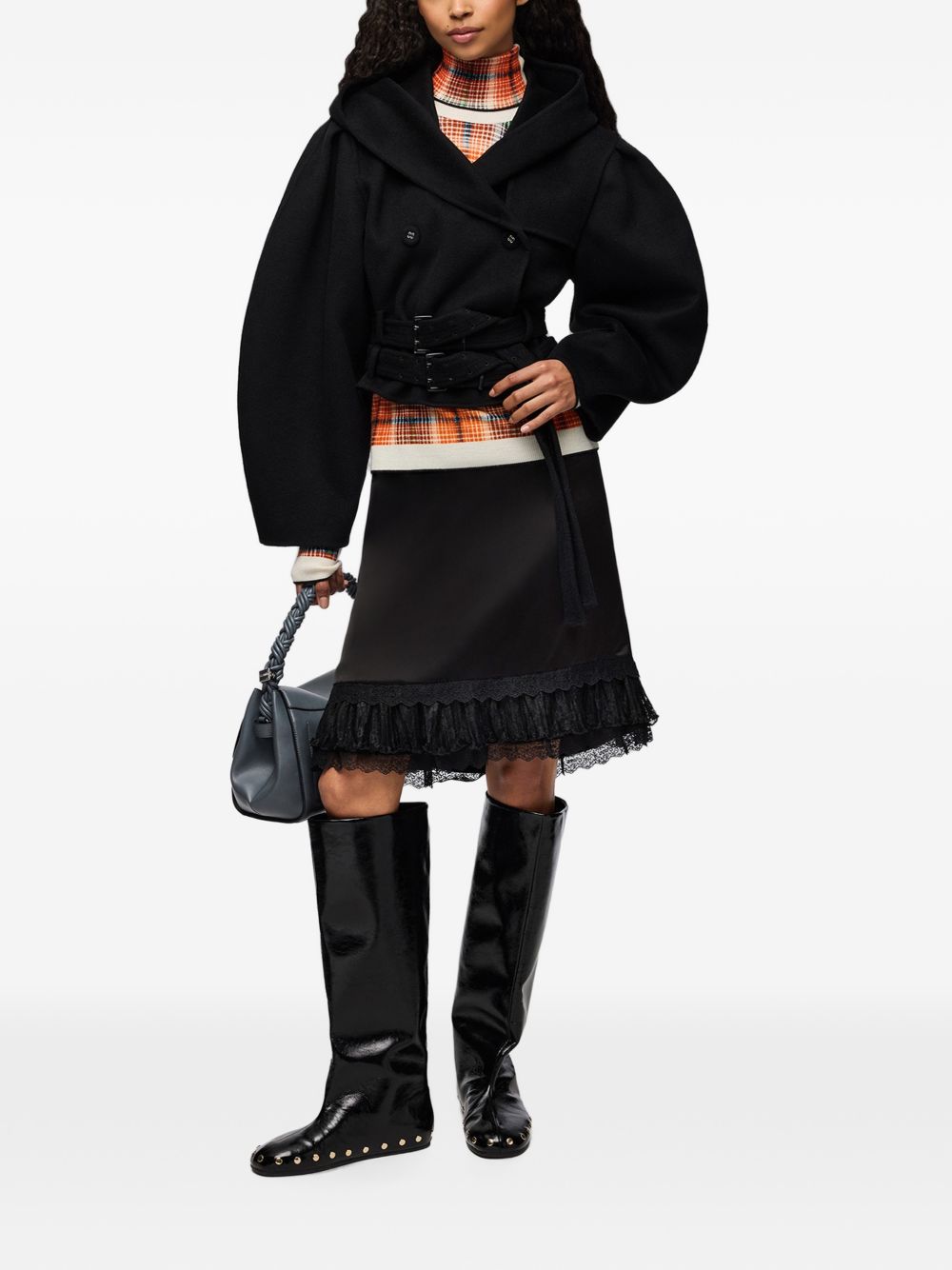 GANNI Cappotto crop con cappuccio e doppia cintura 