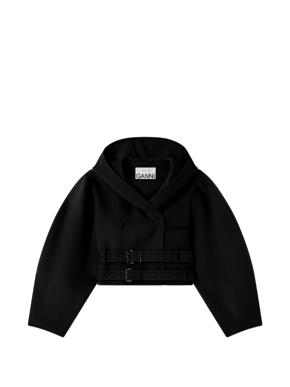 GANNI Cappotto crop con cappuccio e doppia cintura 