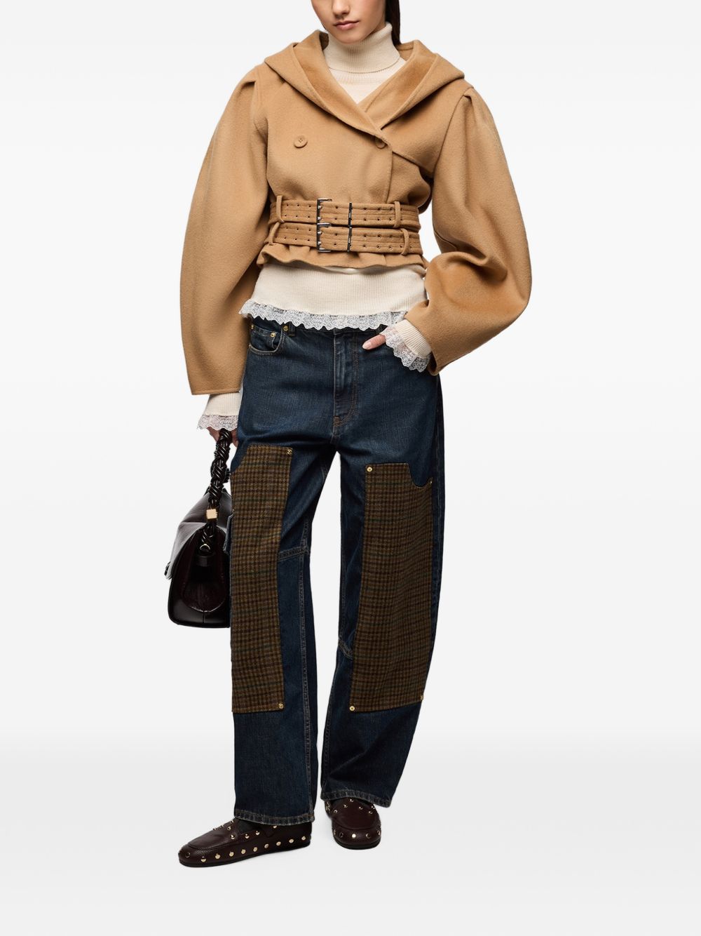GANNI Cappotto crop con cappuccio e doppia cintura 