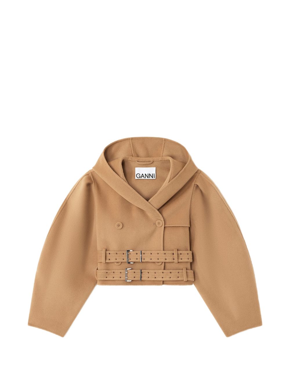 GANNI Cappotto crop con cappuccio e doppia cintura 