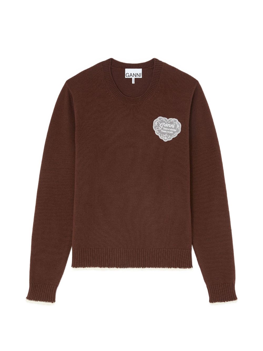 GANNI Maglia marrone in lana e cotone con dettaglio logo in pizzo 