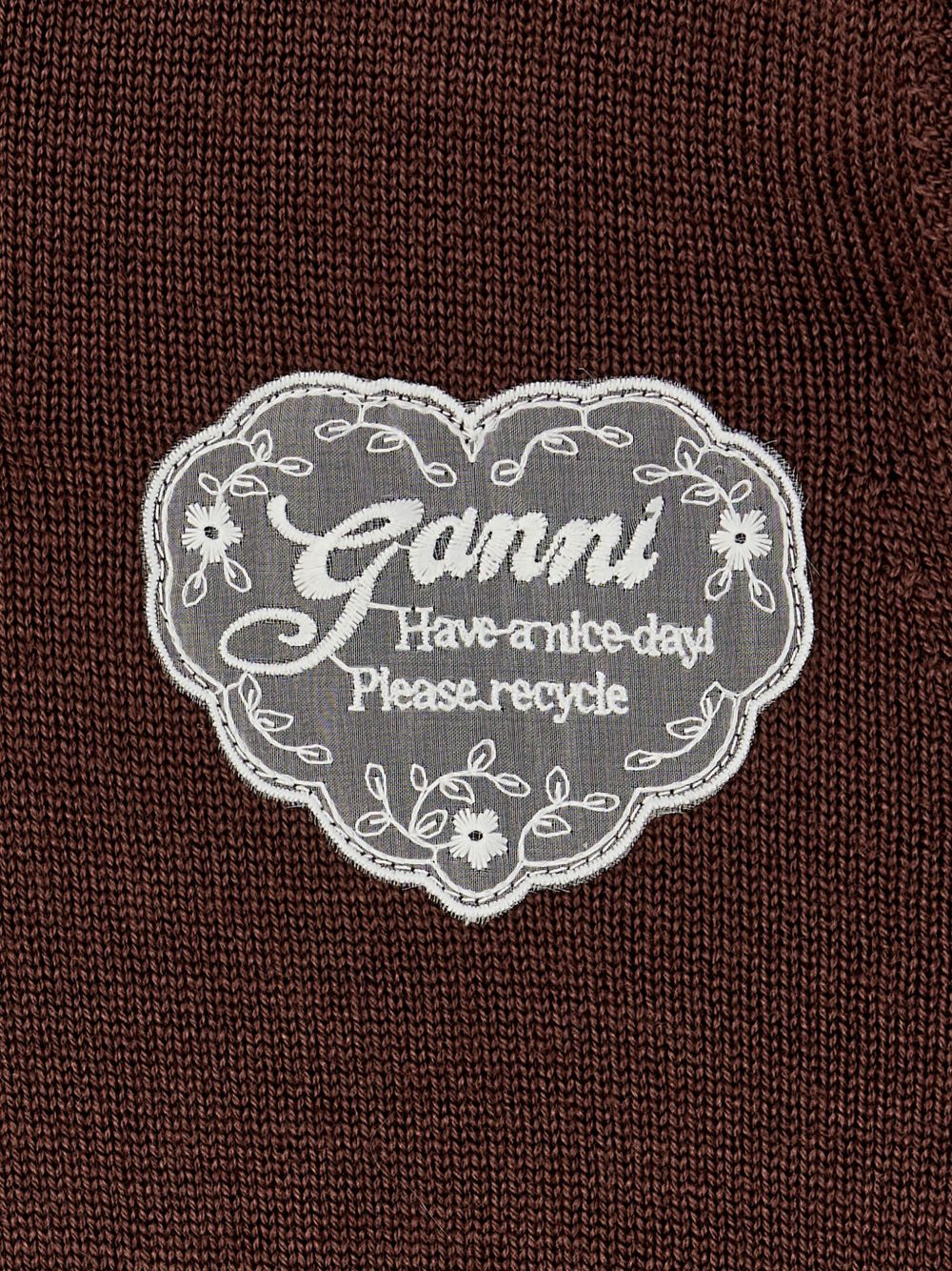 GANNI Maglia marrone in lana e cotone con dettaglio logo in pizzo 