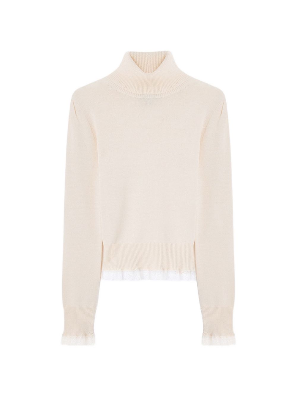 GANNI Maglia a collo alto in lana merino beige con bordo in pizzo 