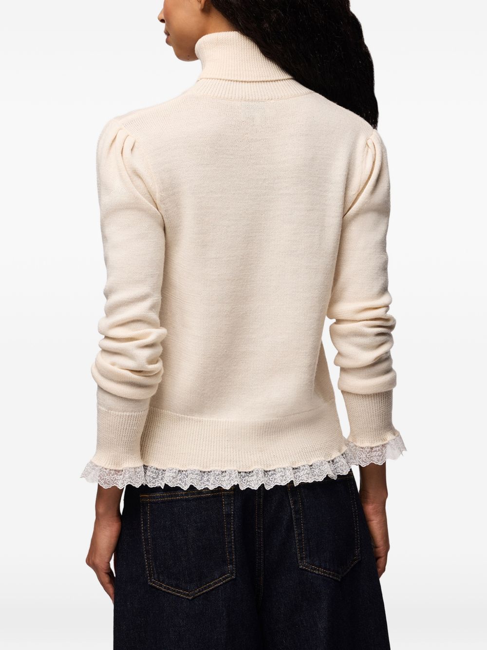 GANNI Maglia a collo alto in lana merino beige con bordo in pizzo 