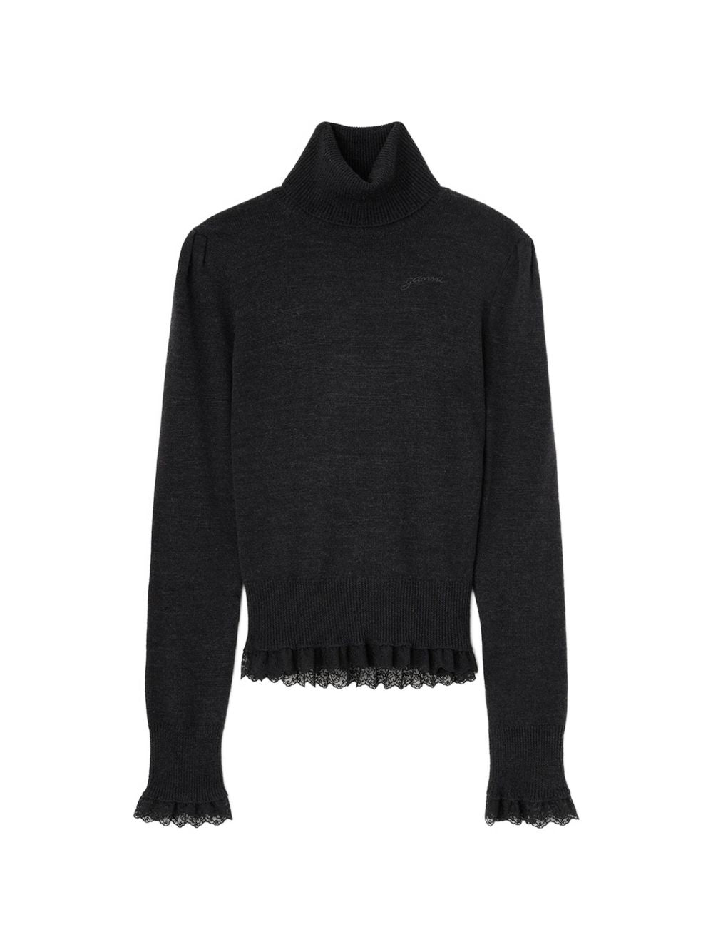 GANNI Maglia a collo alto in lana merino con bordo in pizzo 