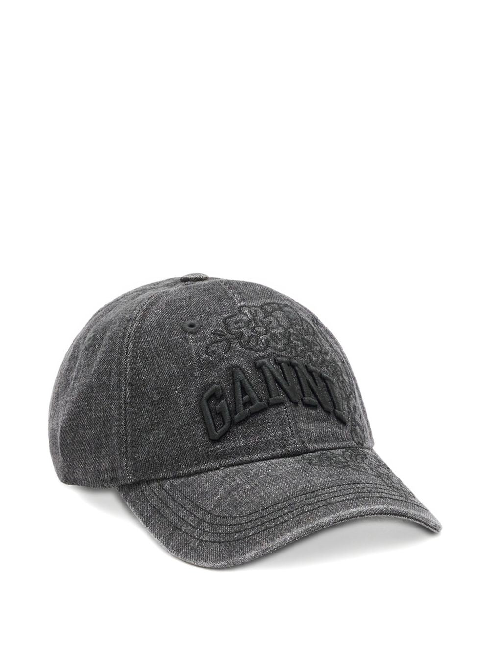 GANNI Cappello baseball in denim con ricamo floreale e logo 