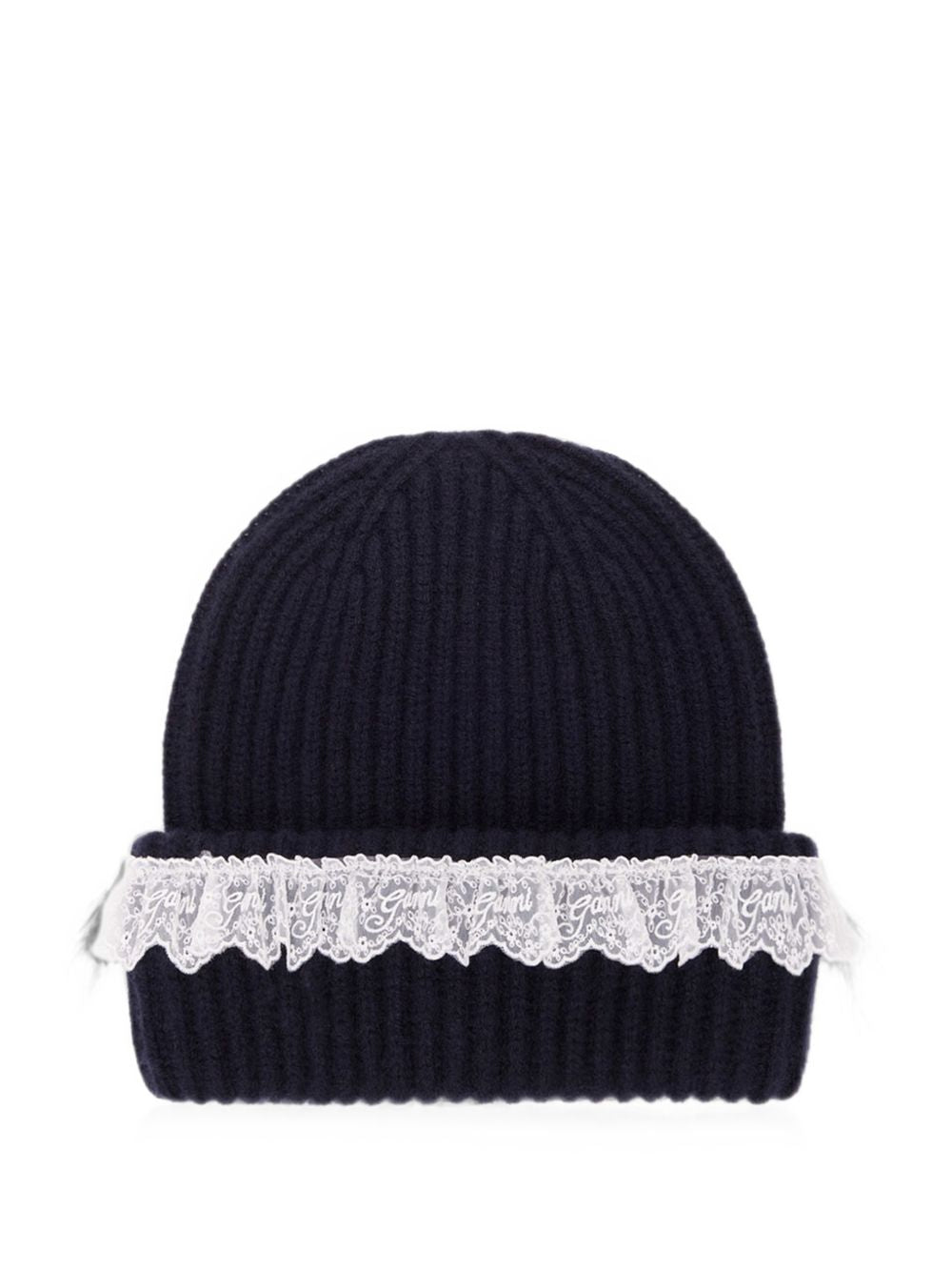 GANNI Berretto blu navy in lana a costine 
