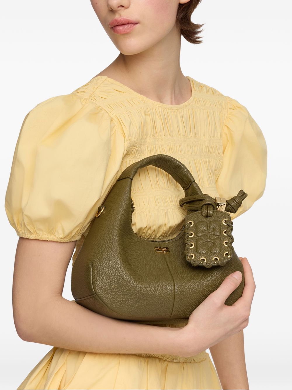 GANNI Borsa Hobo Mini in pelle vegana verde militare con logo 