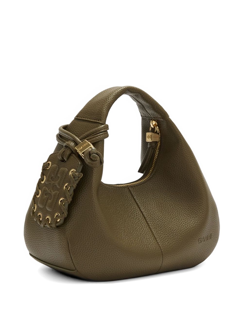 GANNI Borsa Hobo Mini in pelle vegana verde militare con logo 