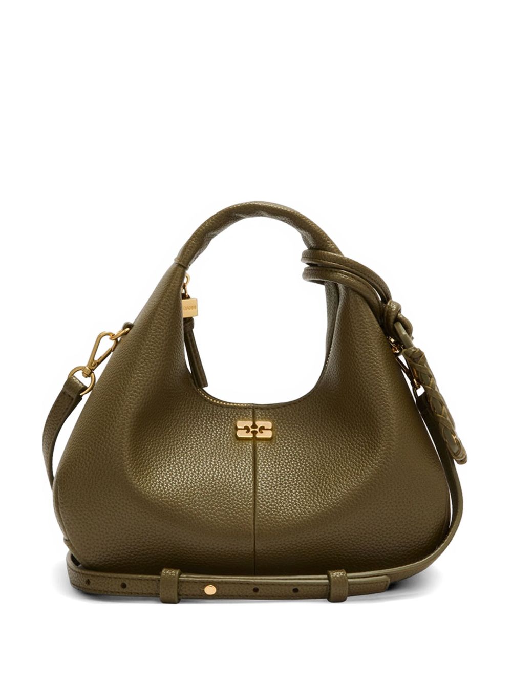 GANNI Borsa Hobo Mini in pelle vegana verde militare con logo 