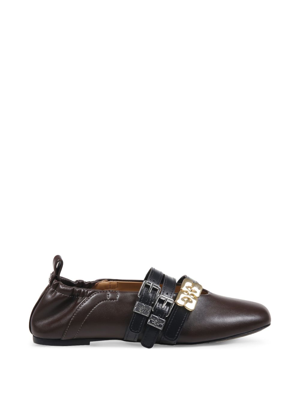 GANNI Ballerine in pelle marrone con lacci e logo dorato 