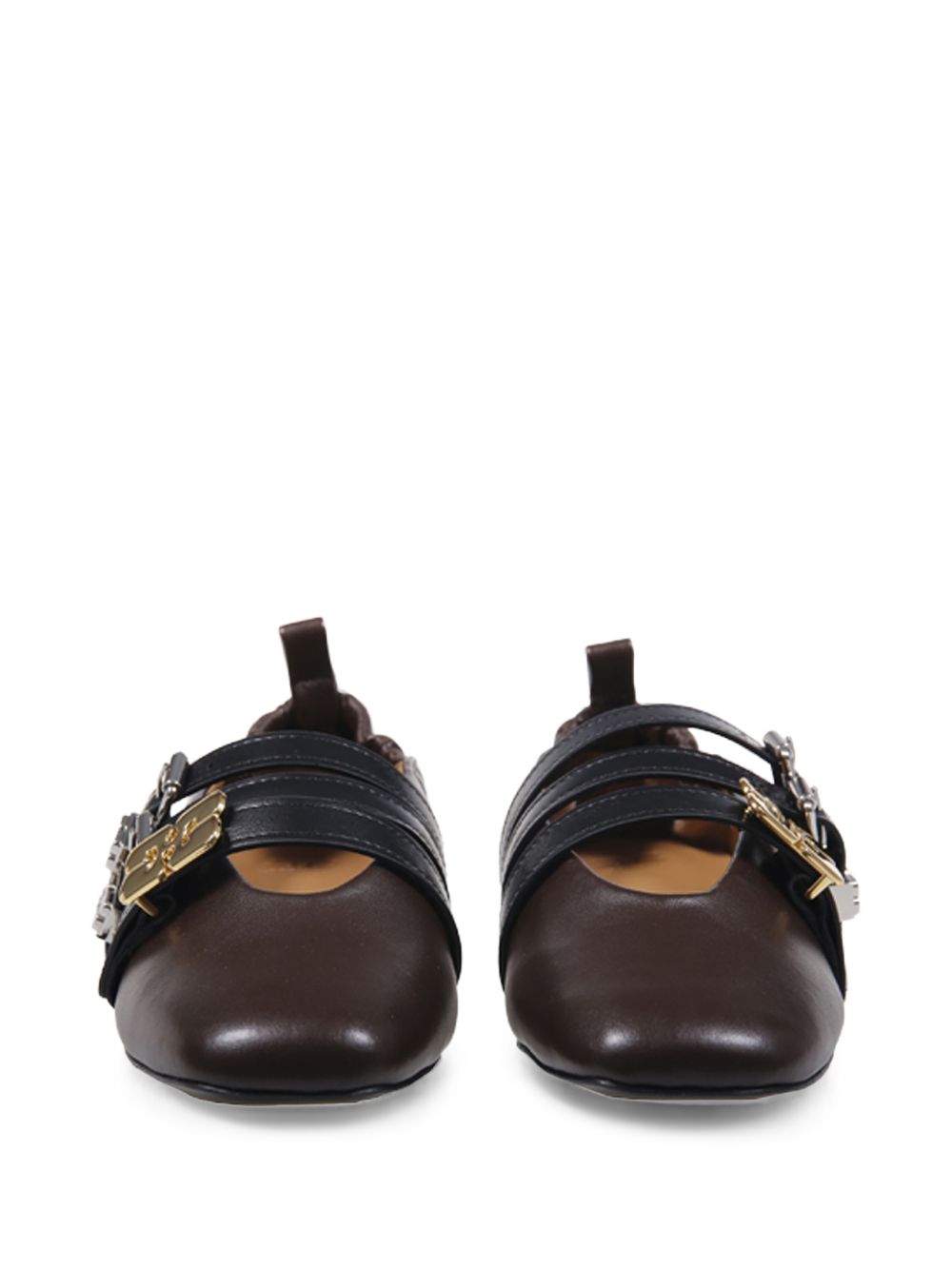 GANNI Ballerine in pelle marrone con lacci e logo dorato 