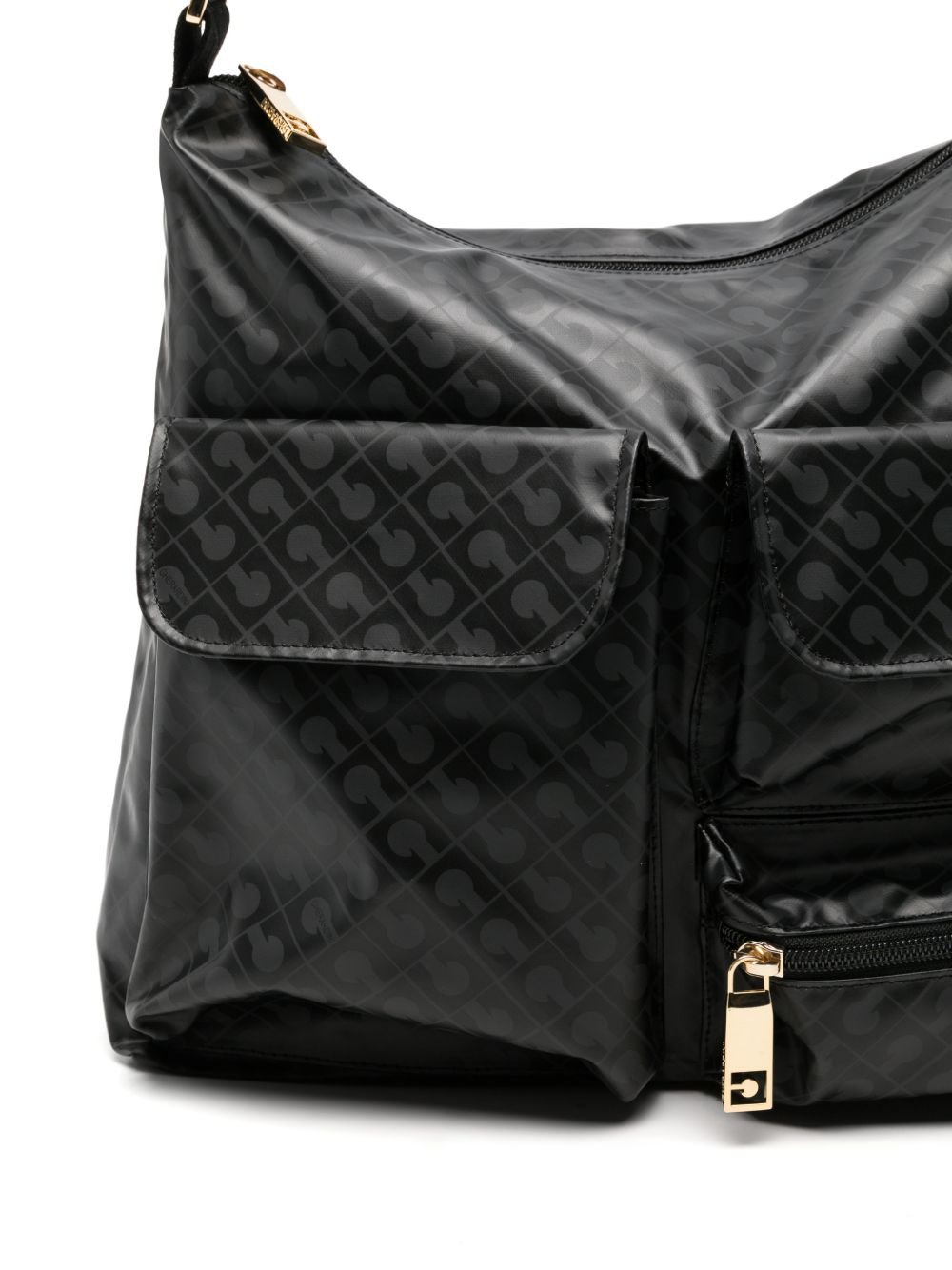 GHERARDINI Borsa Medium Excalibur nera con logo all-over e tasche 