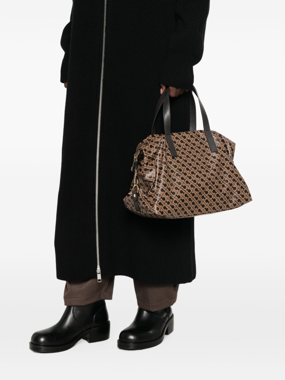 GHERARDINI Borsa a bauletto Bowling Taffee marrone con logo all-over 