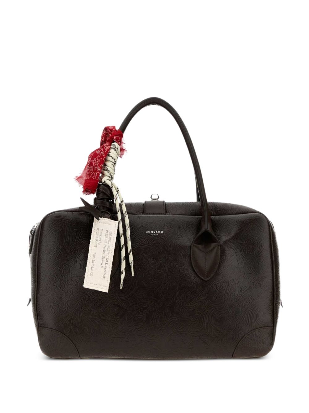 GOLDEN GOOSE Borsa in pelle marrone scuro con incisioni floreali 