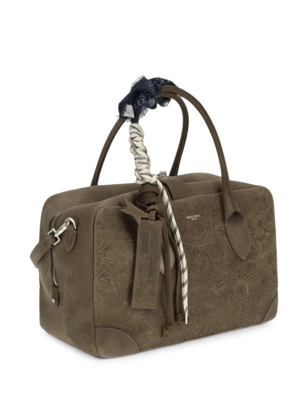 GOLDEN GOOSE Borsa Vita media in pelle scamosciata verde militare con motivo floreale in rilievo e dettagli argento 