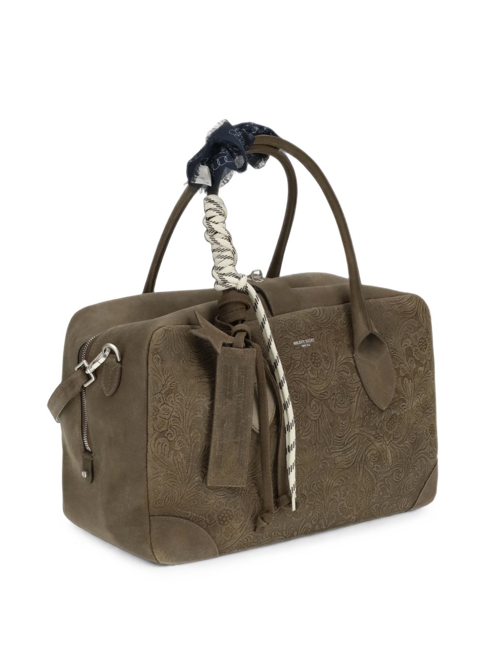 GOLDEN GOOSE Borsa Vita media in pelle scamosciata verde militare con motivo floreale in rilievo e dettagli argento 
