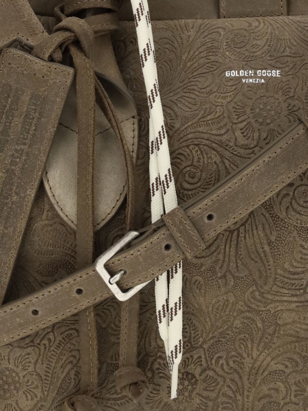 GOLDEN GOOSE Borsa Vita media in pelle scamosciata verde militare con motivo floreale in rilievo e dettagli argento 