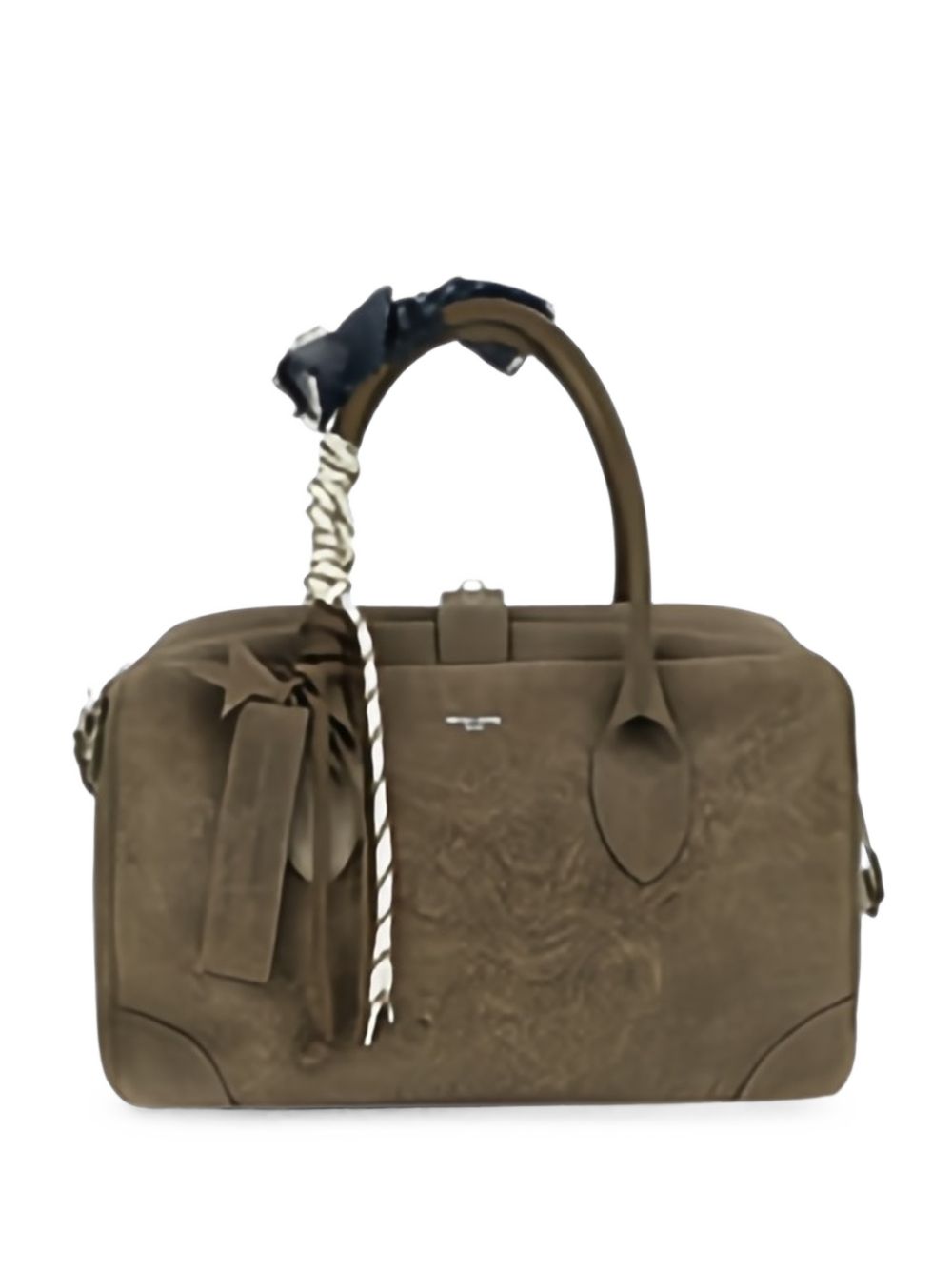 GOLDEN GOOSE Borsa Vita media in pelle scamosciata verde militare con motivo floreale in rilievo e dettagli argento 
