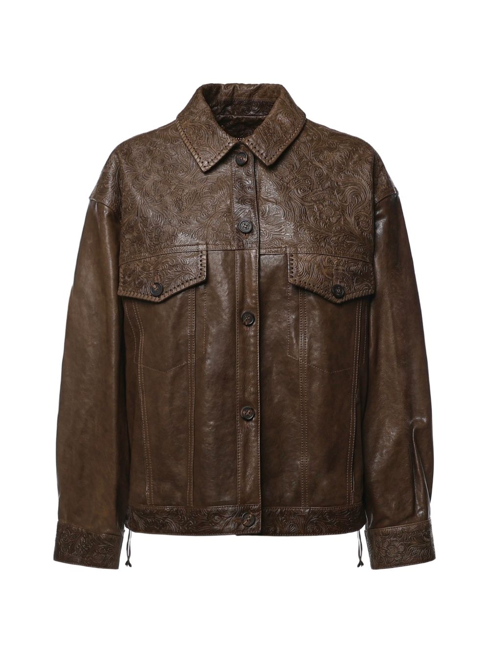 GOLDEN GOOSE Giacca in pelle verde con incisioni floreali 