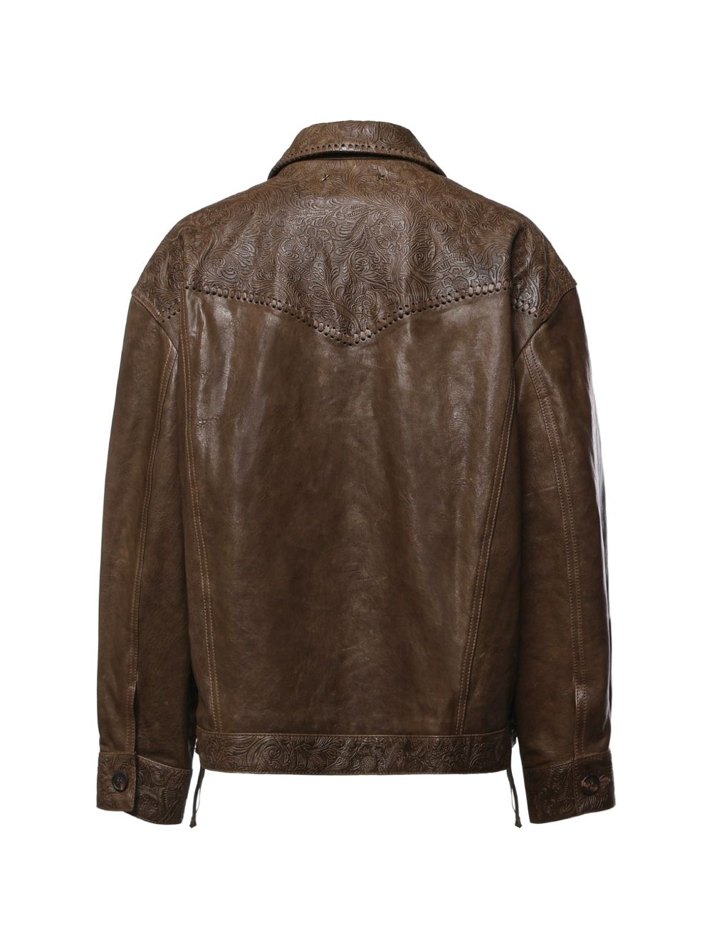 GOLDEN GOOSE Giacca in pelle verde con incisioni floreali 