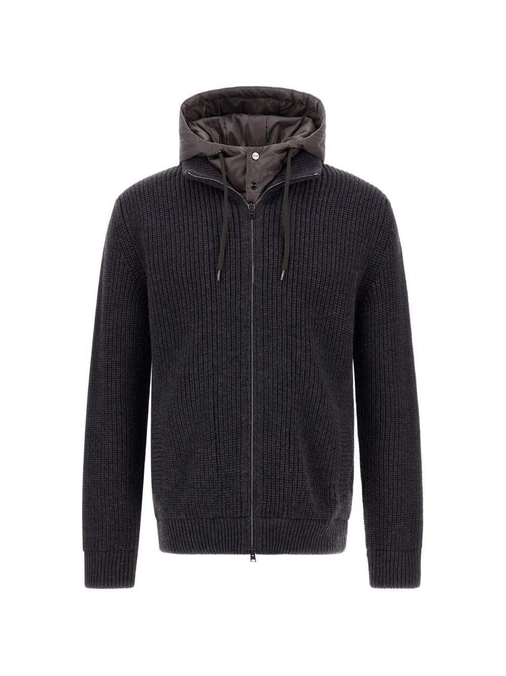 HERNO Cardigan grigio cenere a doppio strato con cappuccio 