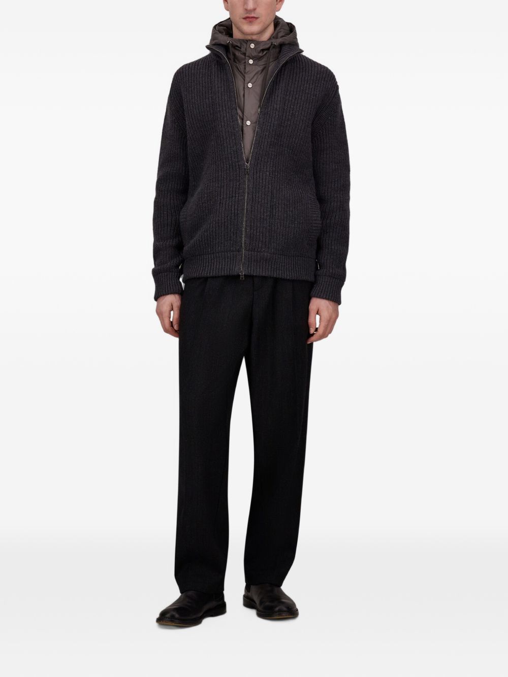 HERNO Cardigan grigio cenere a doppio strato con cappuccio 