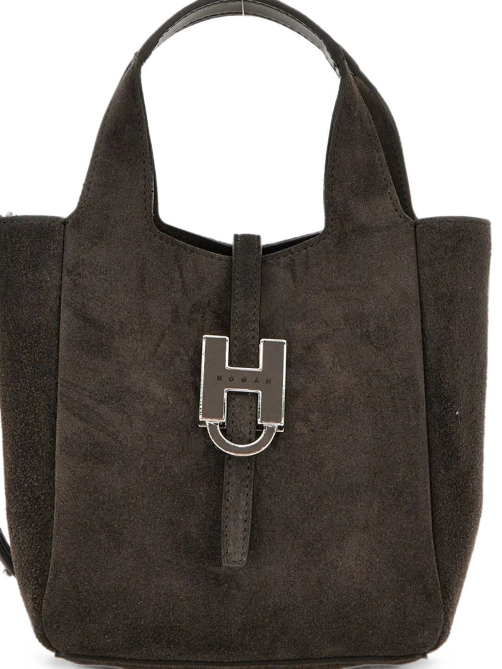 HOGAN Borsa tote a mano in suede marrone con placca logo 