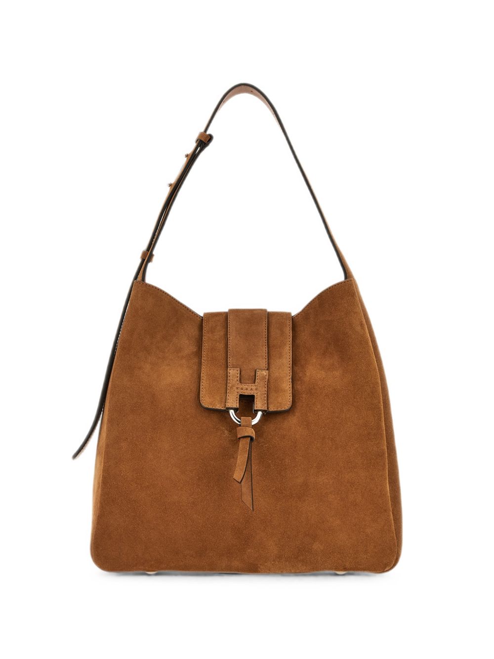 HOGAN Borsa tote a mano in suede marrone cammello con placca logo 