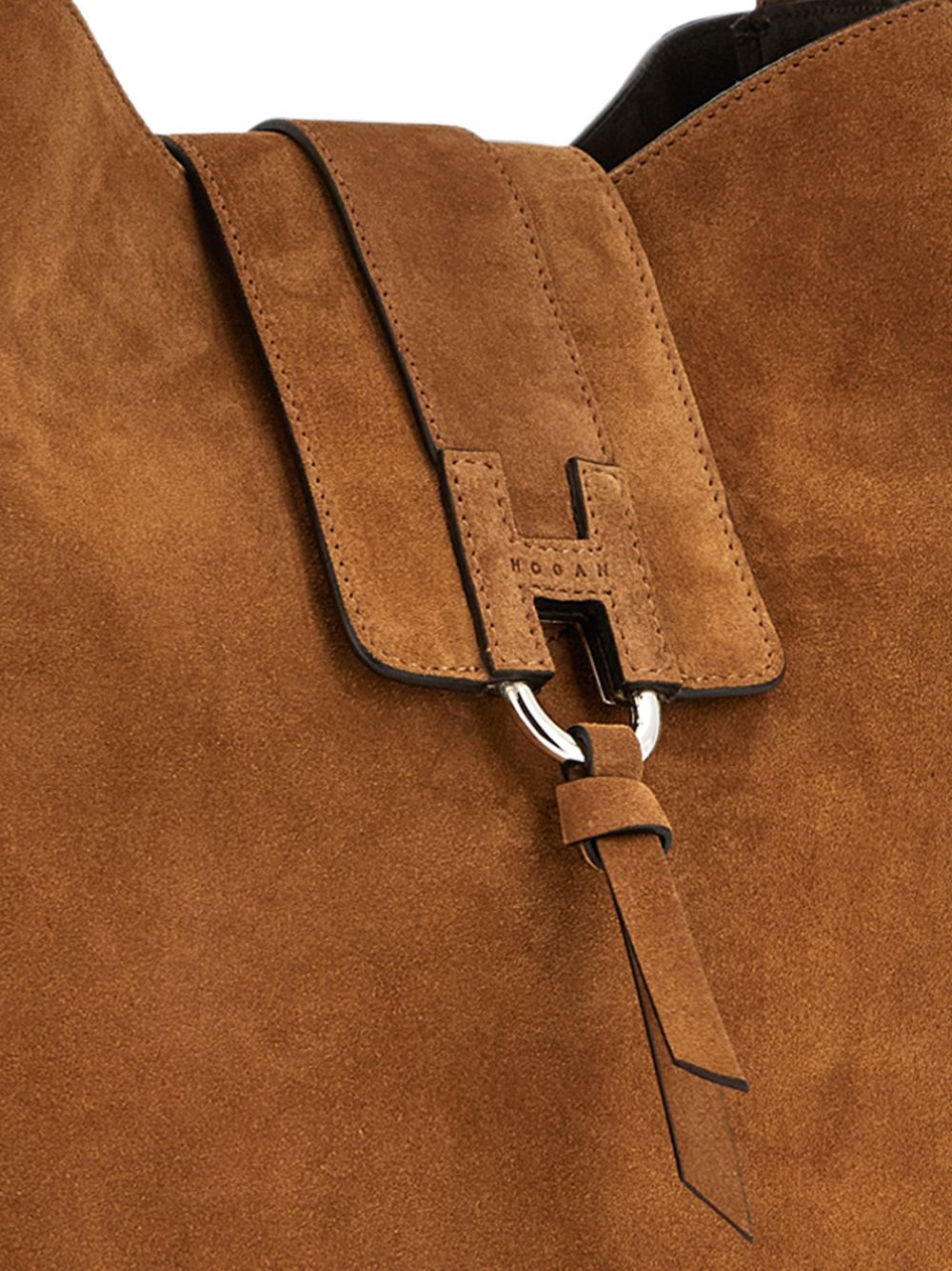 HOGAN Borsa tote a mano in suede marrone cammello con placca logo 