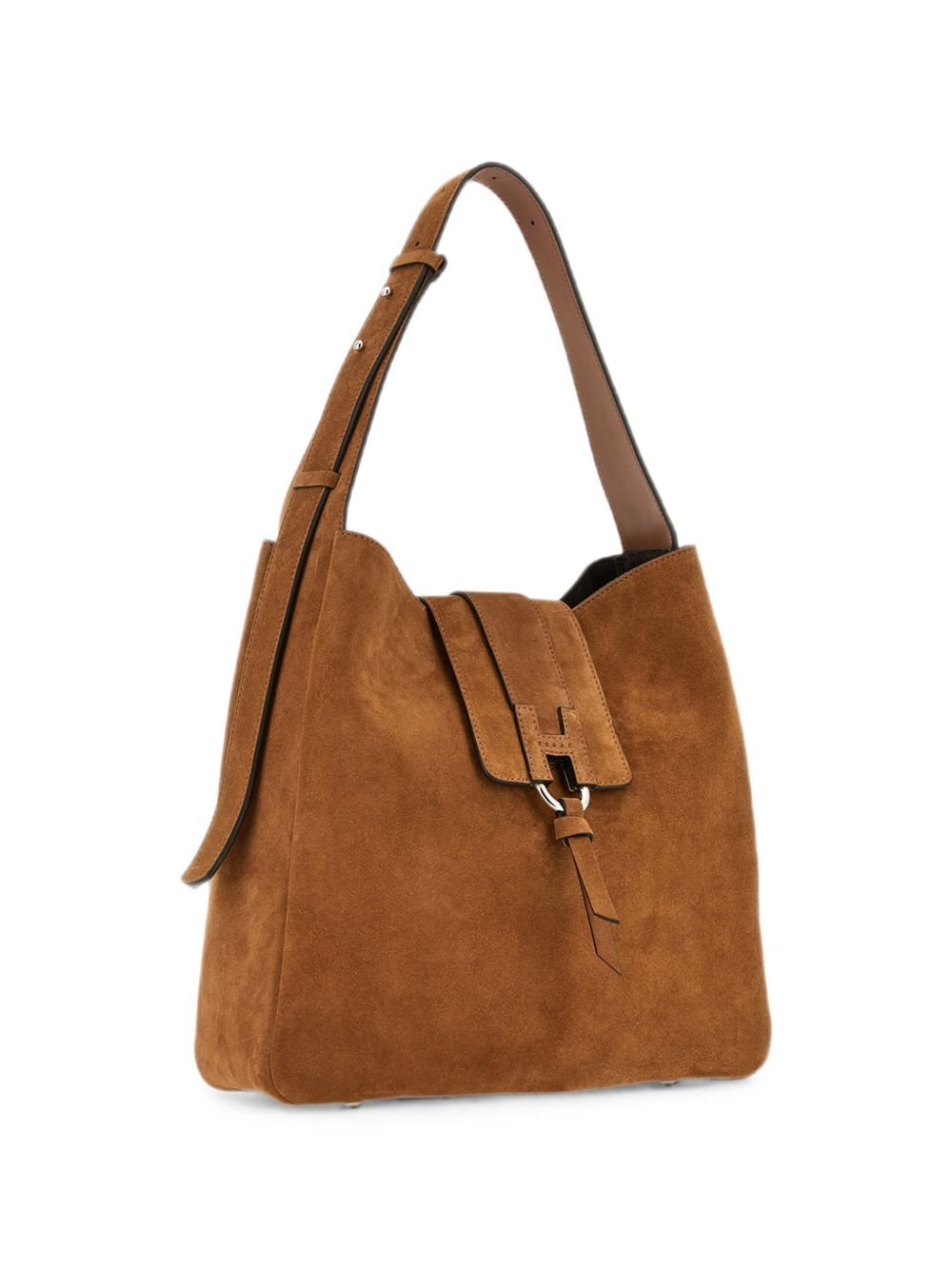 HOGAN Borsa tote a mano in suede marrone cammello con placca logo 