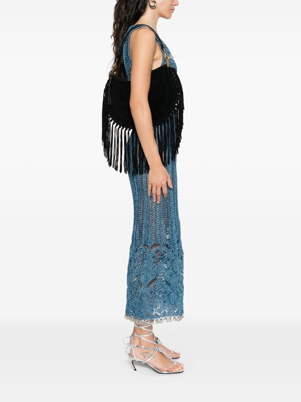ISABEL MARANT Borsa a spalla nera in suede con frange stile rock 