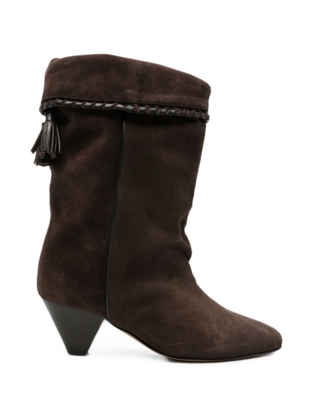 ISABEL MARANT Stivali Dalby in suede marrone con nappe e dettagli intrecciati 