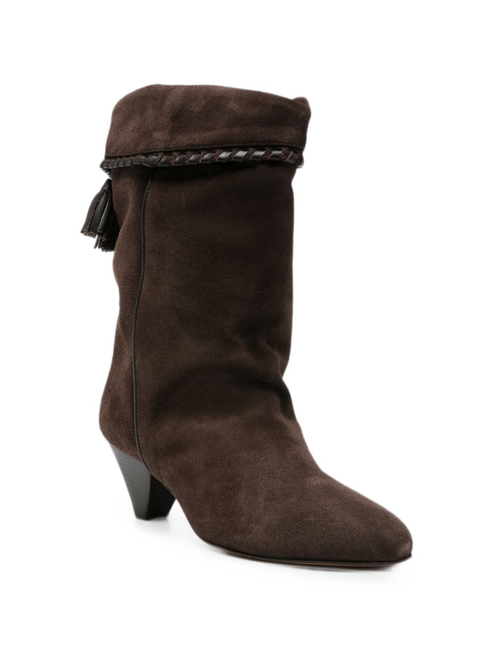 ISABEL MARANT Stivali Dalby in suede marrone con nappe e dettagli intrecciati 