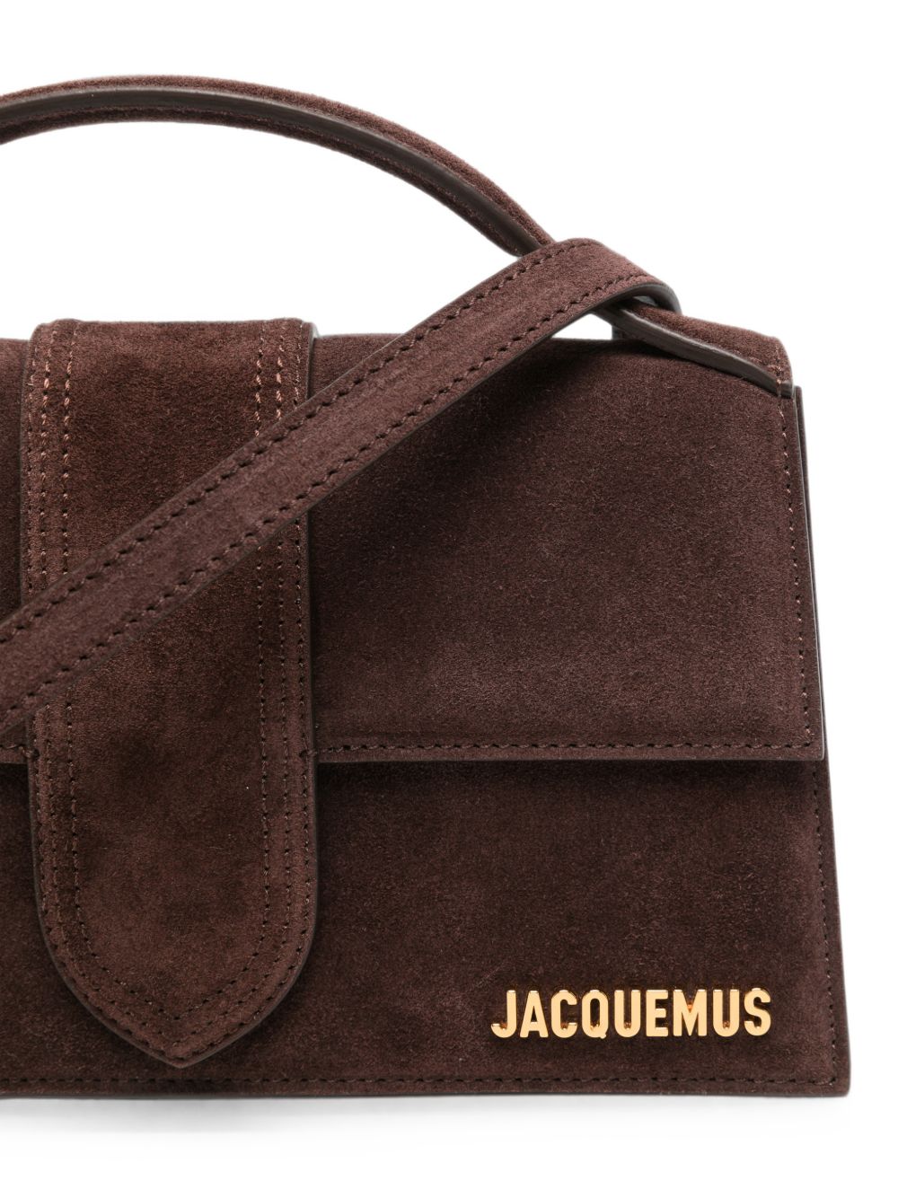 JACQUEMUS Borsa Le Grand Bambino marrone in suede con logo dorato 