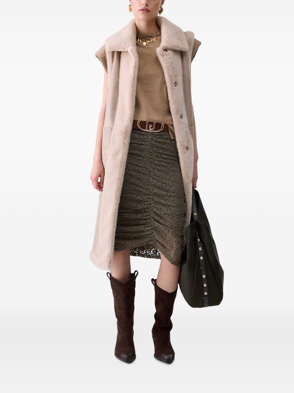 LIUJO Gilet lungo smanicato in ecopelliccia con cintura 