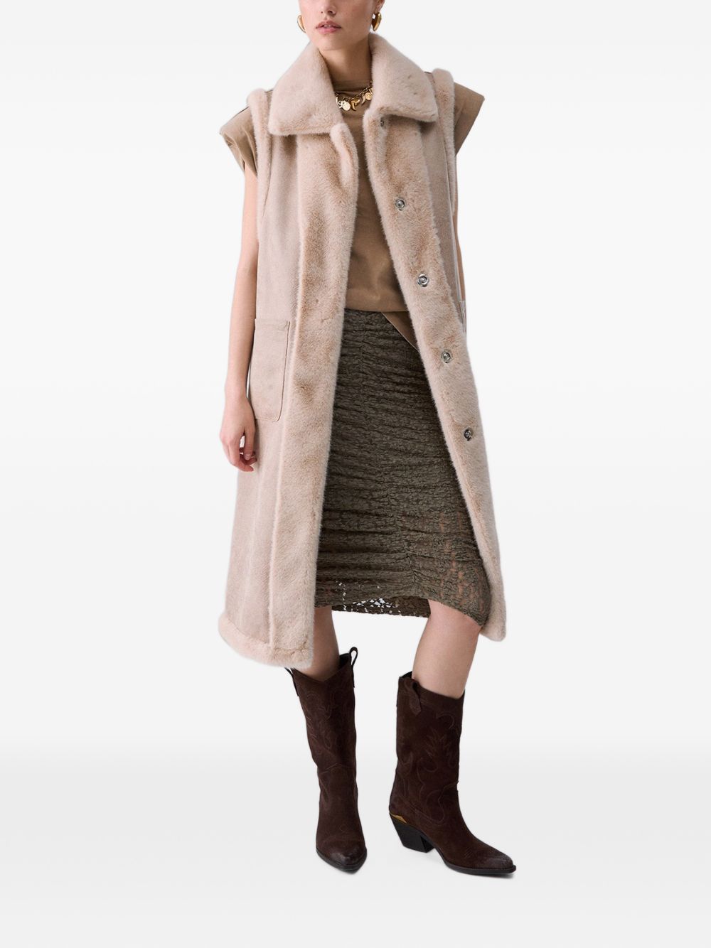 LIUJO Gilet lungo smanicato in ecopelliccia con cintura 