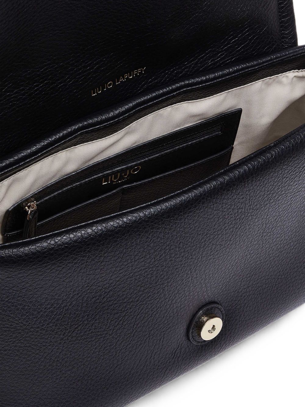 LIUJO Borsa a tracolla in ecopelle nera con placca logo dorata 