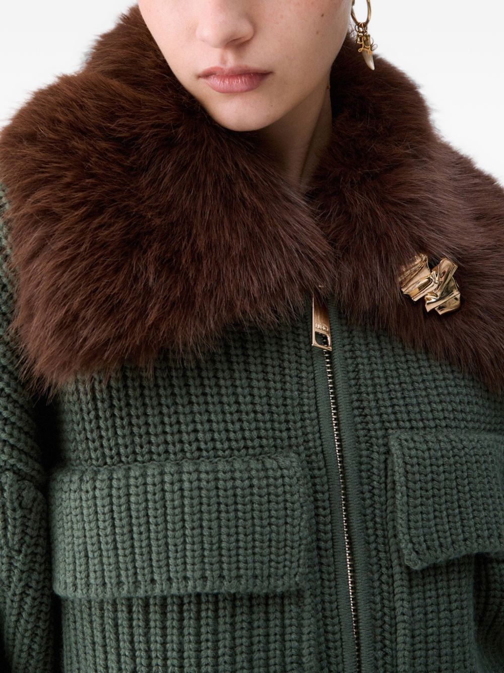 LIUJO Giacca bomber in lana verde con colletto in ecopelliccia 