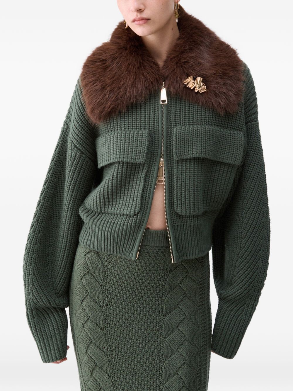 LIUJO Giacca bomber in lana verde con colletto in ecopelliccia 
