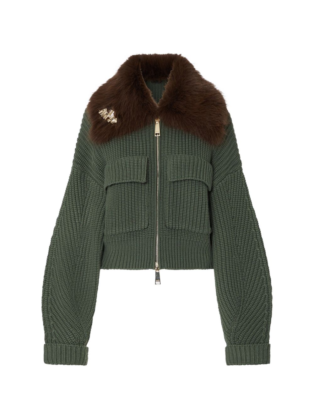 LIUJO Giacca bomber in lana verde con colletto in ecopelliccia 