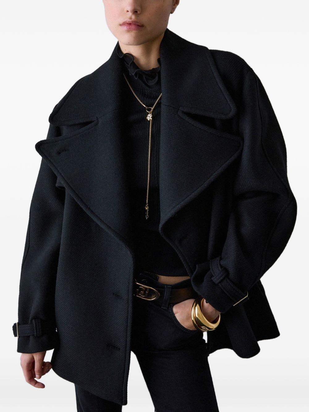 LIUJO Cappotto nero in lana con cintura in vita 